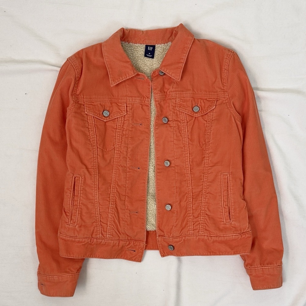 Y2K Gap Corduroy Trucker Jacket Coral Orange Fleece Lined Vintage Women's Medium